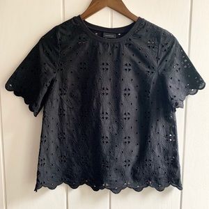 Eyelet Cotton Black Crewneck Blouse